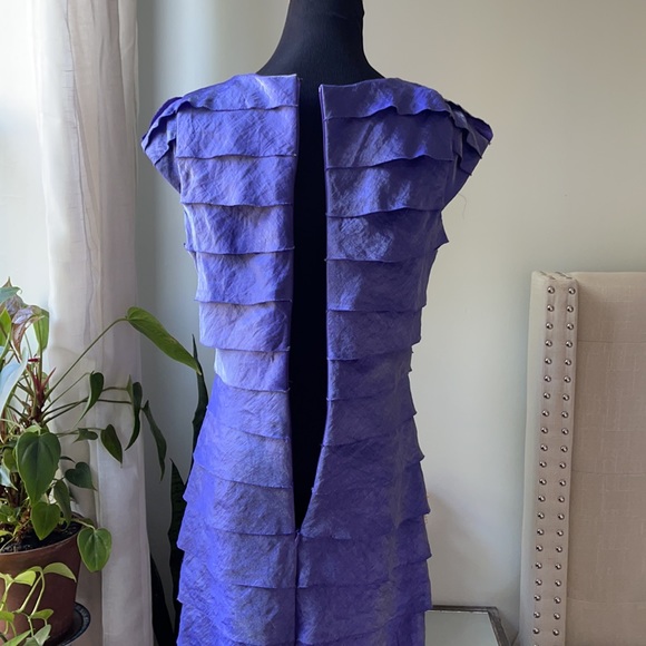 London Times Dress Tiered Purple Iridescent Cap Sleeve Mother Bride Raw Edge - Picture 9 of 16